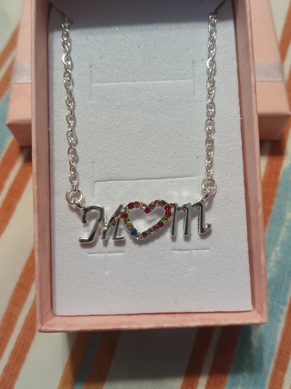 Silver "Mom" Heart Necklace with Multi-Color Stones